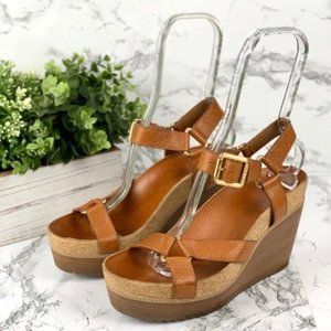 Tory Burch Brown Buckle Wedge Platform Sandals